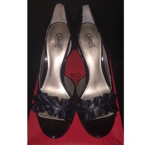 Satin & Patent Leather Peep Toe Stilettos